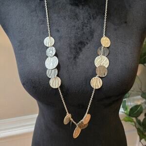 Women Round Etched Medallions Silver Tone Long Chain Necklace with Lobster Clasp